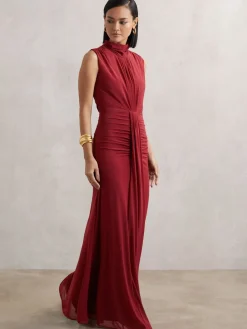 Reiss Daniella Ruched Sleeveless Maxi Dress Dark Red Discount