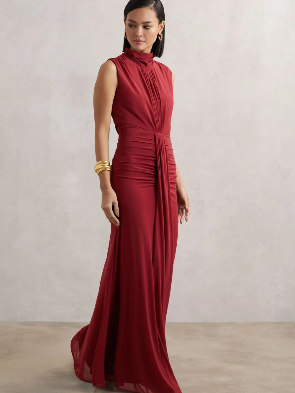 Reiss Daniella Ruched Sleeveless Maxi Dress Dark Red Discount