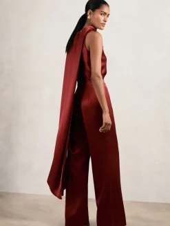 Reiss Dark Red Farah Petite Satin Cape-Sash Jumpsuit Hot