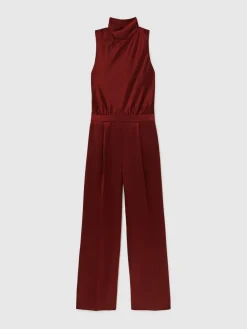 Reiss Dark Red Farah Petite Satin Cape-Sash Jumpsuit Hot