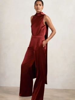 Reiss Dark Red Farah Petite Satin Cape-Sash Jumpsuit Hot
