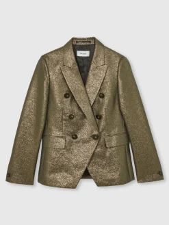 Reiss Sienna Double-Breasted Metallic Suit Blazer with Cotton Gold Discount