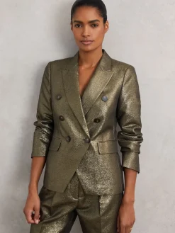 Reiss Sienna Double-Breasted Metallic Suit Blazer with Cotton Gold Discount