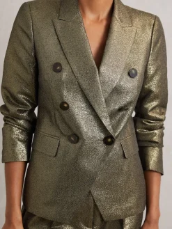 Reiss Sienna Double-Breasted Metallic Suit Blazer with Cotton Gold Discount