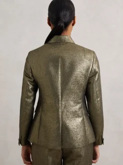 Reiss Sienna Double-Breasted Metallic Suit Blazer with Cotton Gold Discount