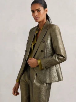 Reiss Sienna Petite Double-Breasted Metallic Suit Blazer with Cotton Gold Outlet