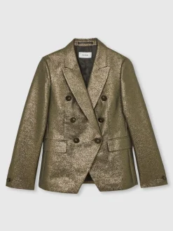 Reiss Sienna Petite Double-Breasted Metallic Suit Blazer with Cotton Gold Outlet