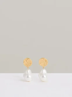 Reiss Gold Tone Maya Molten Faux-Pearl Drop Earrings New