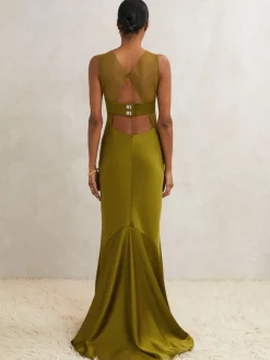 Reiss Green Opi Atelier Satin Sheer-Panel Maxi Dress Hot