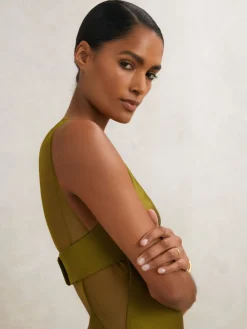 Reiss Green Opi Atelier Satin Sheer-Panel Maxi Dress Hot