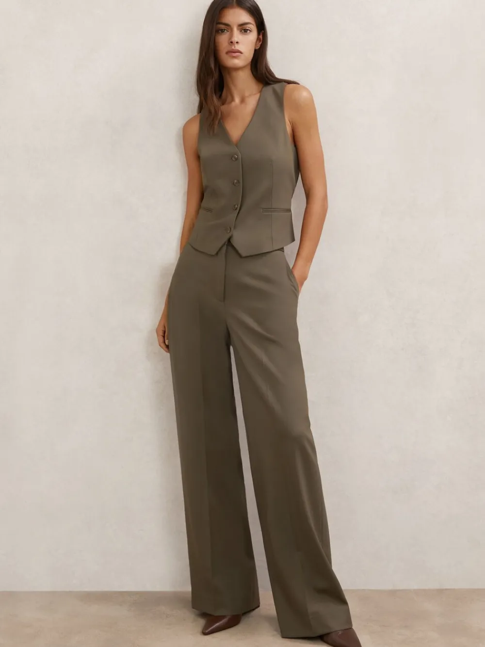 Reiss Solene Wool-Blend Wide-Leg Suit Trousers Green Discount