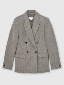 Reiss Grey Ember Herringbone Double-Breasted Blazer Wool-Cotton