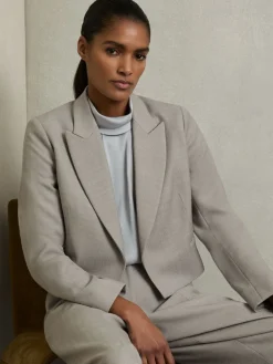 Reiss Grey Harper Double-Breasted Cropped Wool-Blend Blazer Outlet