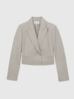Reiss Grey Harper Double-Breasted Cropped Wool-Blend Blazer Outlet
