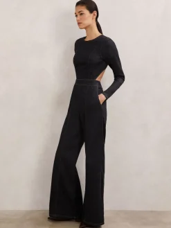 Reiss Indigo Blue Sanata Wide-Leg Open-Back Denim Jumpsuit Hot