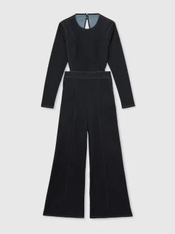 Reiss Indigo Blue Sanata Wide-Leg Open-Back Denim Jumpsuit Hot
