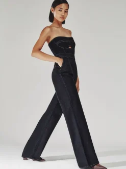 Reiss Indigo Blue Tylie Strapless Wide Leg Denim Jumpsuit Discount