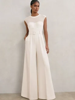 Reiss Ivory Alba Sheer-Panel Wide-Leg Belted Jumpsuit Outlet