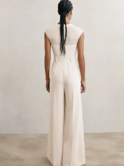 Reiss Ivory Alba Sheer-Panel Wide-Leg Belted Jumpsuit Outlet