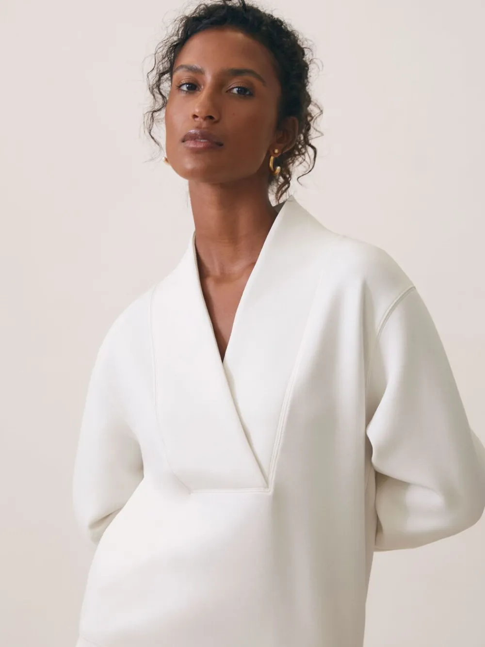 Reiss Annabel Interlock Shawl-Neck Sweatshirt with Modal Ivory Discount