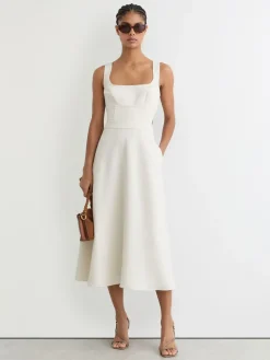 Reiss Dina Waisted Cut-Out Twill Midi Dress Ivory Best