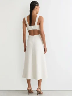 Reiss Dina Waisted Cut-Out Twill Midi Dress Ivory Best