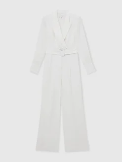 Reiss Ivory Flora Sheer-Sleeve Wide-Leg Tuxedo Jumpsuit Hot