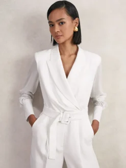 Reiss Ivory Flora Sheer-Sleeve Wide-Leg Tuxedo Jumpsuit Hot