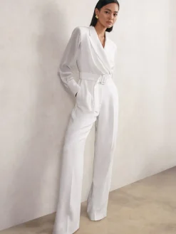 Reiss Ivory Flora Sheer-Sleeve Wide-Leg Tuxedo Jumpsuit Hot