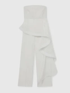 Reiss Ivory Rhiannon Silk Ruffle Bandeau Wide-Leg Jumpsuit Sale
