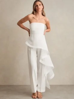 Reiss Ivory Rhiannon Silk Ruffle Bandeau Wide-Leg Jumpsuit Sale