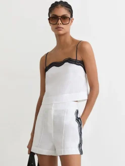 Reiss Ivory/Navy Felicity Linen Scallop-Trim Shorts Clearance