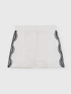 Reiss Ivory/Navy Felicity Linen Scallop-Trim Shorts Clearance