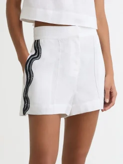 Reiss Ivory/Navy Felicity Linen Scallop-Trim Shorts Clearance
