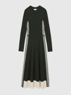 Reiss Khaki Green Aria Wool-Blend Stripe-Detail Knitted Dress Hot