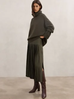 Reiss Savannah Pleated Midi Skirt Khaki Green Outlet