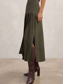 Reiss Savannah Pleated Midi Skirt Khaki Green Outlet