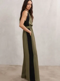 Reiss Khaki Green/Black Inez Colourblock Gathered Wide-Leg Jumpsuit Hot