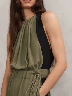 Reiss Khaki Green/Black Inez Colourblock Gathered Wide-Leg Jumpsuit Hot
