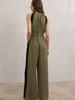 Reiss Khaki Green/Black Inez Colourblock Gathered Wide-Leg Jumpsuit Hot