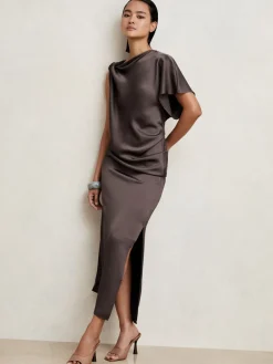 Reiss Kenzie Satin Asymmetric Draped Midi Dress Mauve New