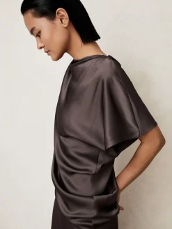 Reiss Kenzie Satin Asymmetric Draped Midi Dress Mauve New