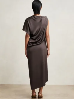 Reiss Kenzie Satin Asymmetric Draped Midi Dress Mauve New