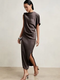 Reiss Kenzie Satin Asymmetric Draped Midi Dress Mauve New