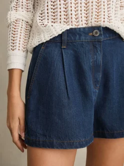 Reiss Mid Blue Raymond Denim Pleated Shorts Outlet