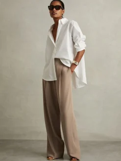 Reiss Eden Elasticated-Waist Wide-Leg Twill Trousers Mink Neutral New