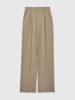 Reiss Eden Elasticated-Waist Wide-Leg Twill Trousers Mink Neutral New