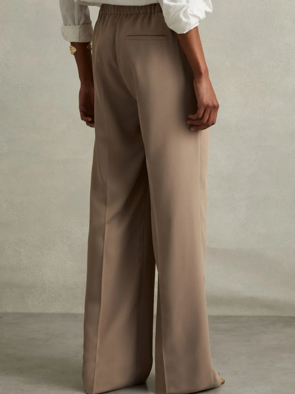Reiss Eden Elasticated-Waist Wide-Leg Twill Trousers Mink Neutral New