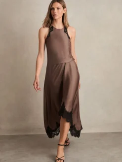 Reiss Anais Satin Drape Lace-Trim Dress Mocha Brown Online