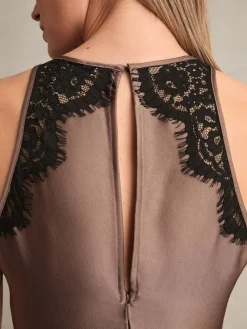 Reiss Anais Satin Drape Lace-Trim Dress Mocha Brown Online